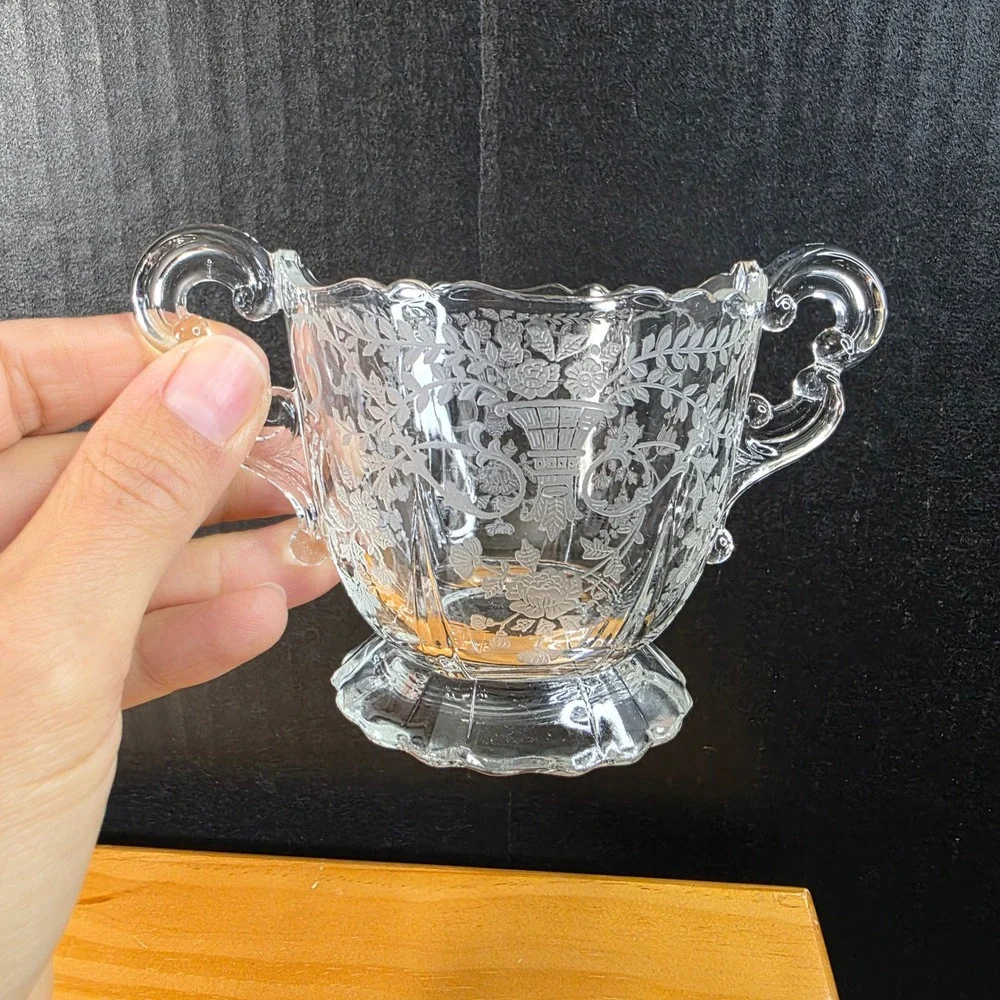 Crystal Glass Creamer and Sugar Bowl Set Etched Filigree Floral Holiday Wedding